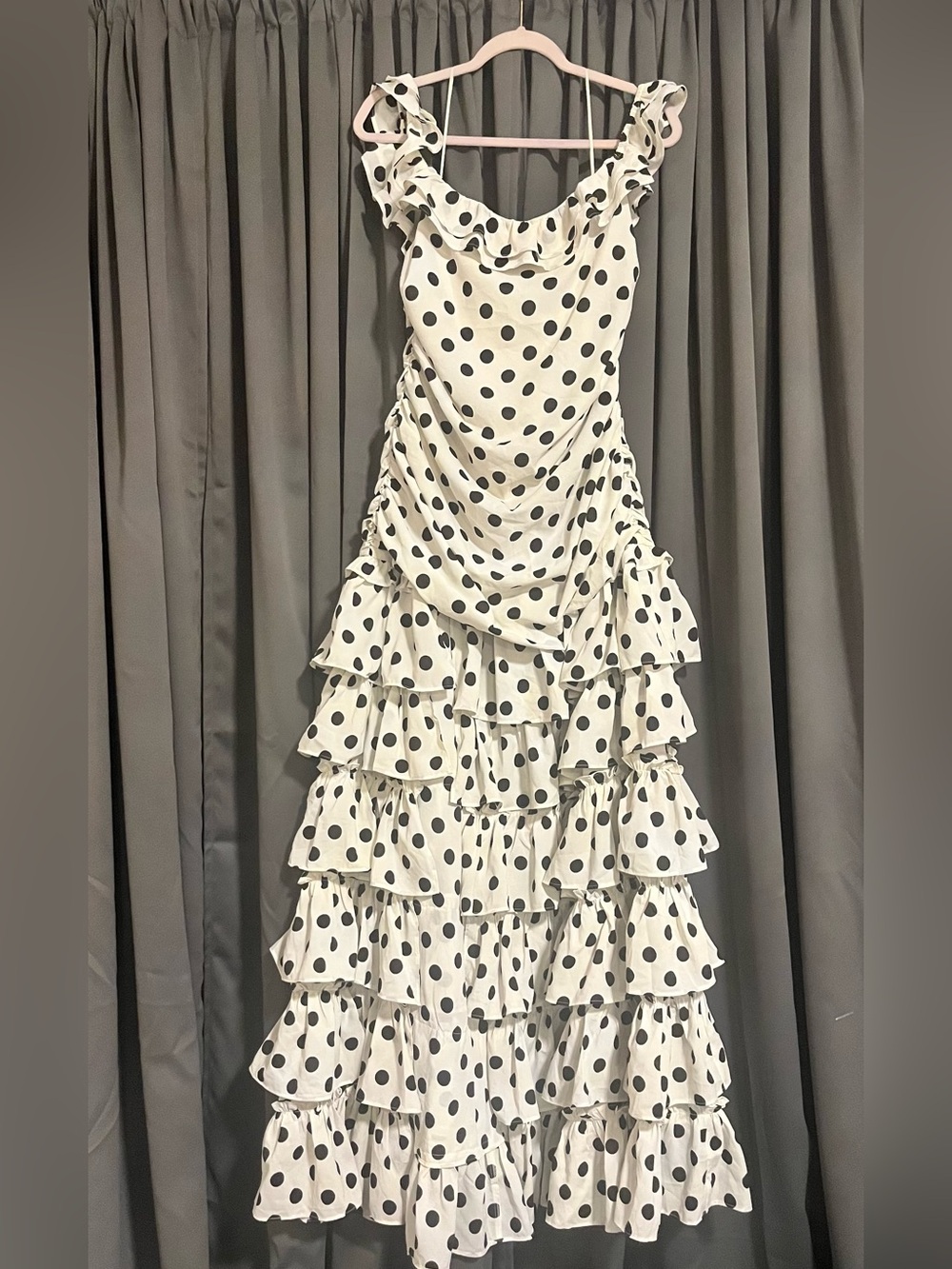 Fashion Nova White & Black Polka Dot One-Shoulder Ruffle Maxi Dress - Picture 9 of 11